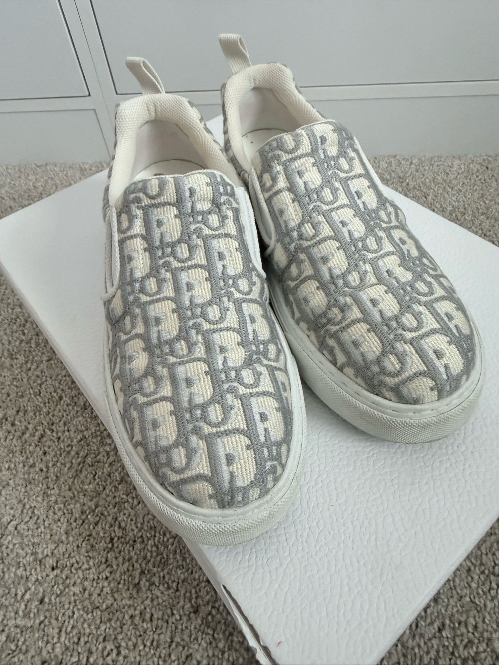 Dior Slip-On Sneakers in Ivory and Light Gray Monogram